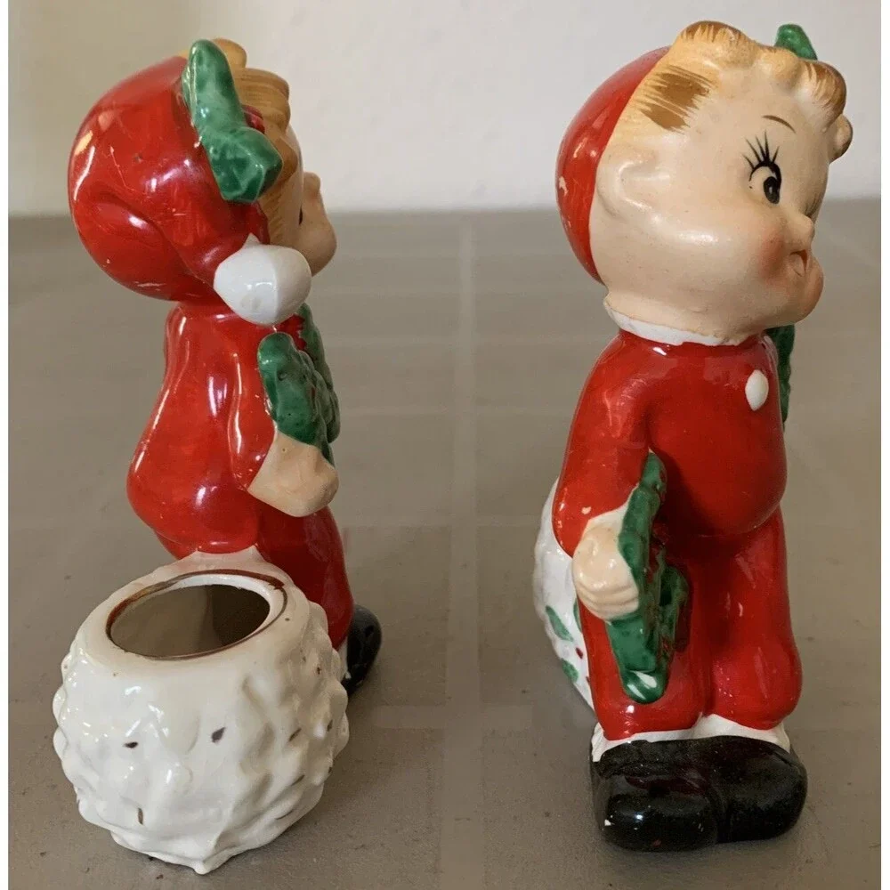 Commodore Japan 1950s NOEL Pajama Kids Candle Stick Holders Christmas Figurines